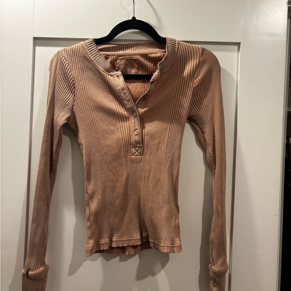 Aerie Tan Ribbed Long Sleeve Henley Top Soft Stretch Size S
